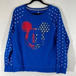 DISNEY PARKS Mickey Mouse Blue Stars Patriotic Round Neck Pullover Sweater
